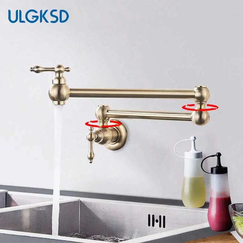 Brushed Gold Kitchen Faucet Wall Mount Bathroom Basin Faucet Cold Water Washing Tap Rotate Folding Spout Brass Vanity Sink Crane