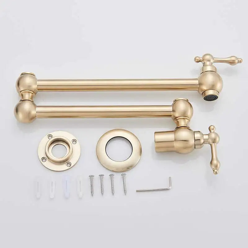 Brushed Gold Kitchen Faucet Wall Mount Bathroom Basin Faucet Cold Water Washing Tap Rotate Folding Spout Brass Vanity Sink Crane