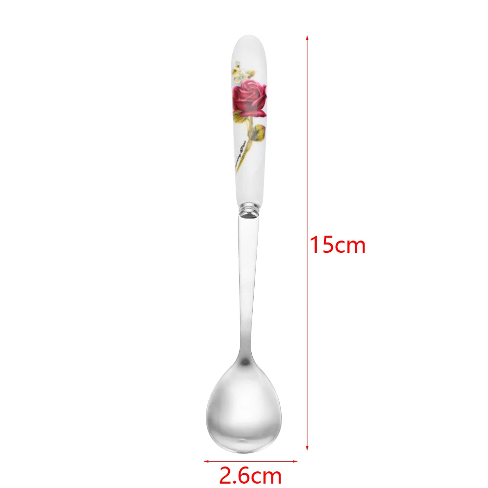 1st schattige rozen bloemen roestvrij staal mini koffielepel keuken theelepel met lange steel keramiek ijs dessert theelepel