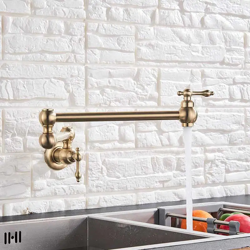 Brushed Gold Kitchen Faucet Wall Mount Bathroom Basin Faucet Cold Water Washing Tap Rotate Folding Spout Brass Vanity Sink Crane