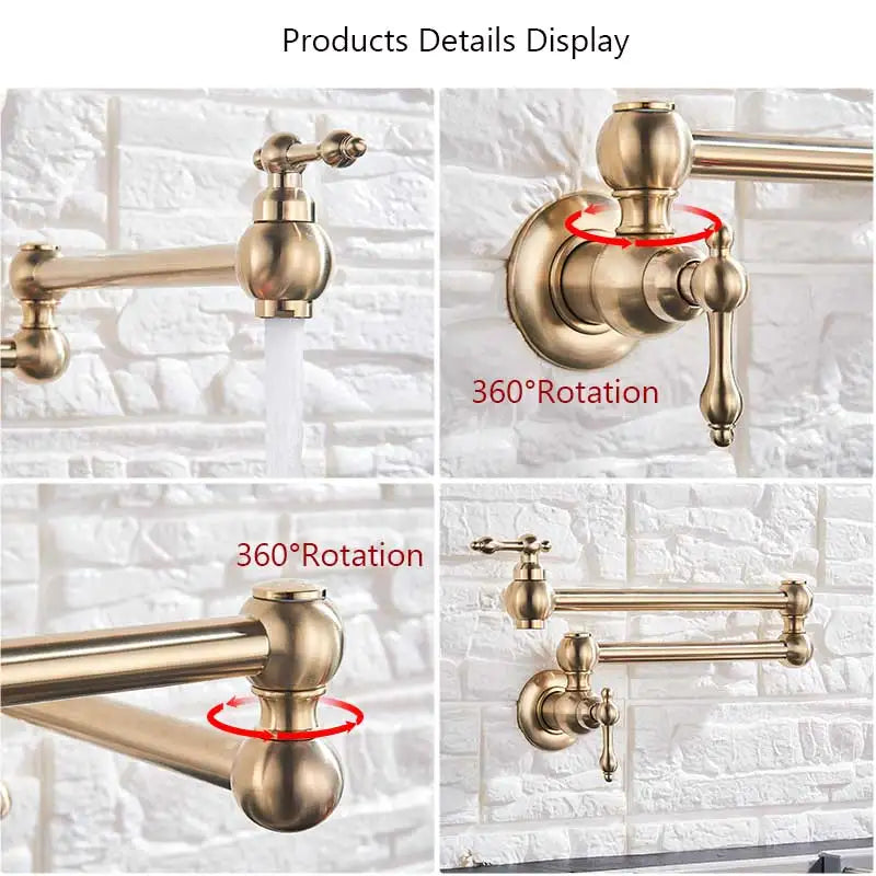 Brushed Gold Kitchen Faucet Wall Mount Bathroom Basin Faucet Cold Water Washing Tap Rotate Folding Spout Brass Vanity Sink Crane