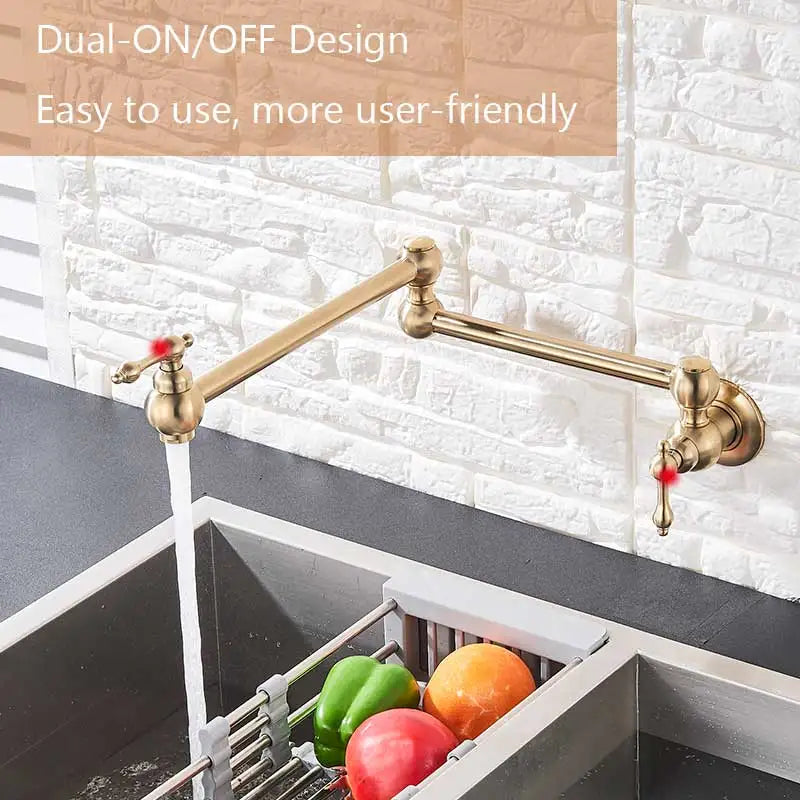 Brushed Gold Kitchen Faucet Wall Mount Bathroom Basin Faucet Cold Water Washing Tap Rotate Folding Spout Brass Vanity Sink Crane