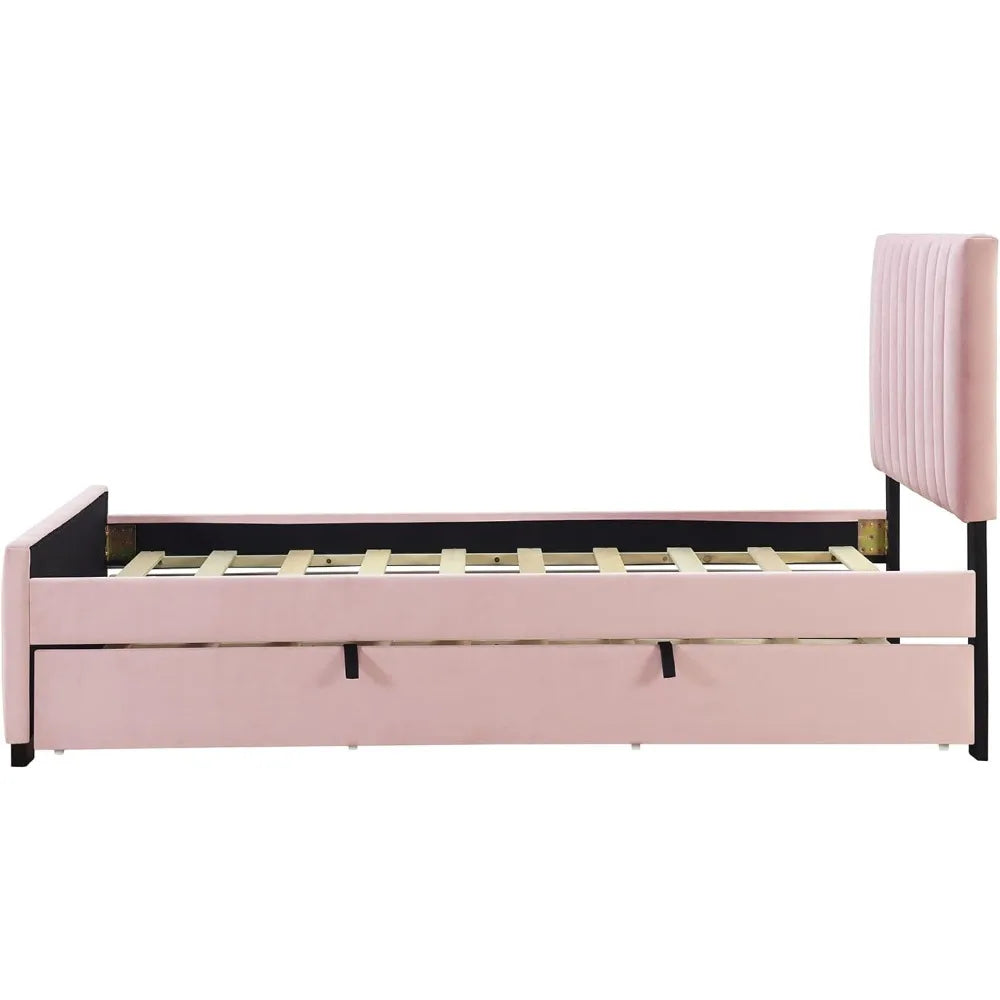 Bedden, fluwelen gestoffeerd platform, houten frame uitschuifbed, tweepersoonsbed, roze