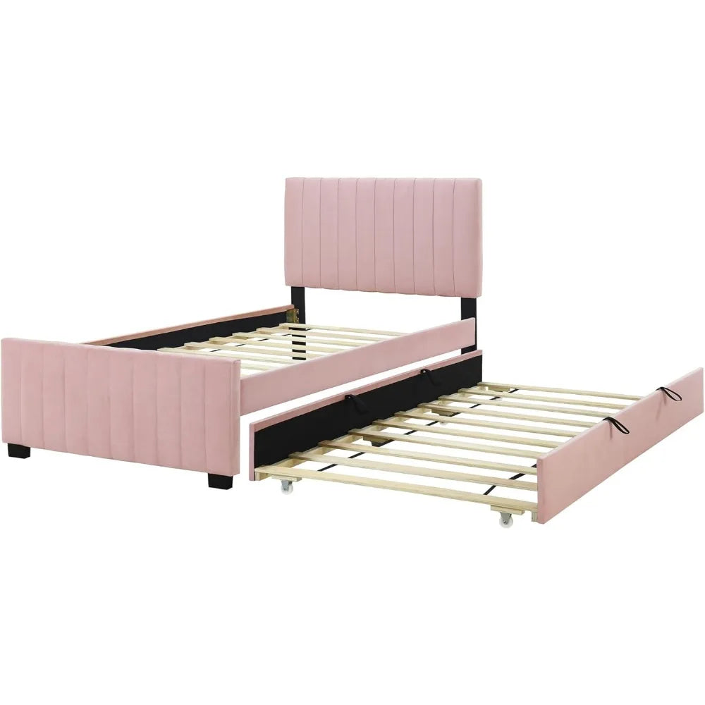 Bedden, fluwelen gestoffeerd platform, houten frame uitschuifbed, tweepersoonsbed, roze