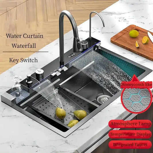 304 RVS Keuken Spoelbak Dubbele Waterval Enkele Sleuf Geïntegreerde Digitale Display Kraan Set Zeepdispenser Bekerwasser