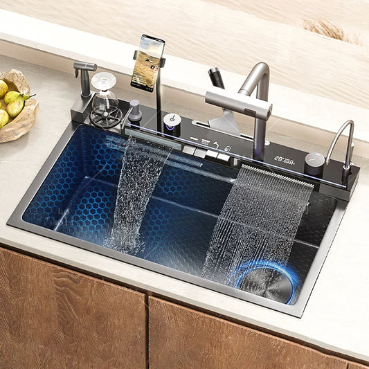 Waterfall Kitchen Sink  Single-Slot with intelligent Mobile phone holder Stainless Steel Pull-Out Faucet,Smart Honeycomb embosse