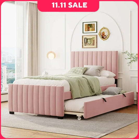 Bedden, fluwelen gestoffeerd platform, houten frame uitschuifbed, tweepersoonsbed, roze