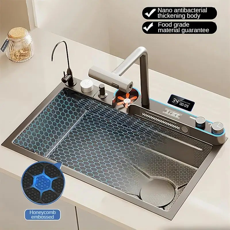 304 Stainless Steel Sink Thickened Large Single Slot Multifunctional Digital Display Honeycomb Embossed Vegetable Washing Basin