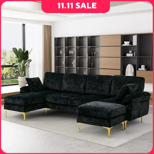 U-Shaped Sectional Sofa Couch, 4 Seat Sofa Set for Living Room, Convertible L-Shaped Velvet Couch Set