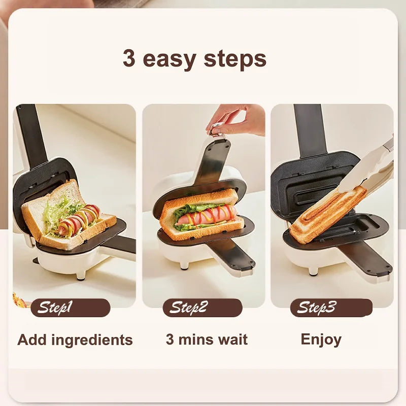 220V Mini Panini Breakfast Machine Non-stick Sandwich Machine Double-sided Heating Bread Machine Multi Toaster Auto Edge Sealing