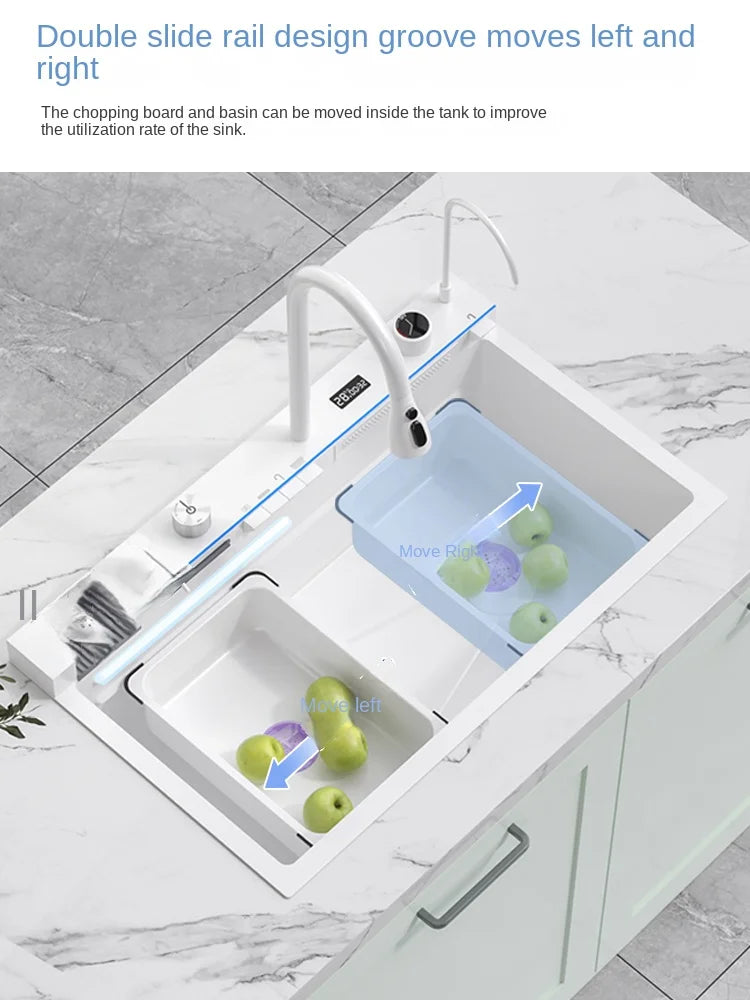 White flying rain waterfall sink integrated multi-functional large single slot 304 stainless steel vegetable washing sink