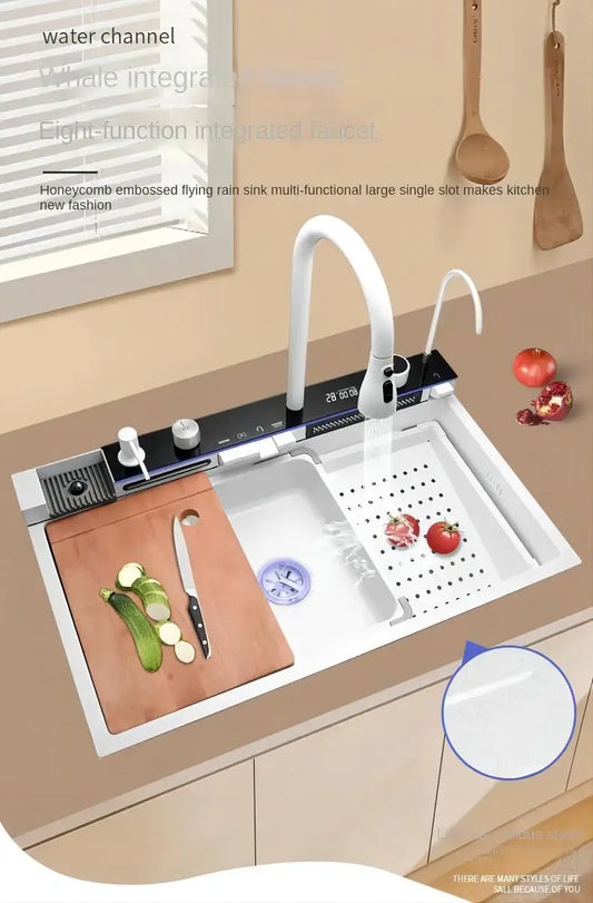 White Nano Multifunctional Kitchen Sink 304 Stainless Steel Large Single Sink Integrated Kitchen Digital Waterfall Faucet