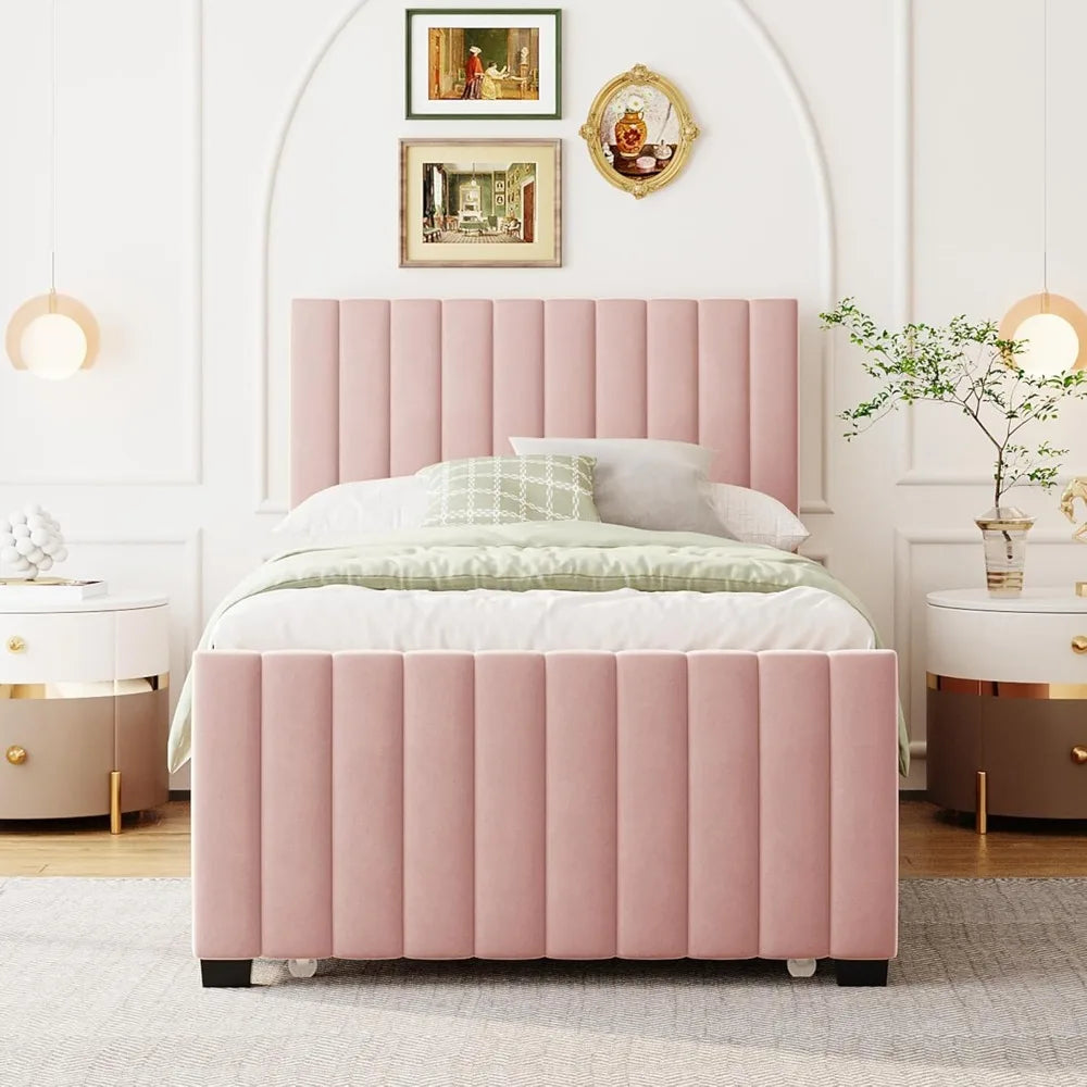 Bedden, fluwelen gestoffeerd platform, houten frame uitschuifbed, tweepersoonsbed, roze