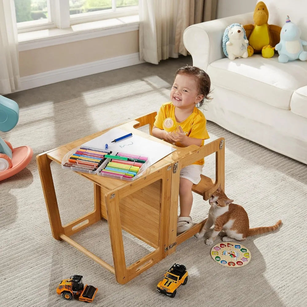 4-in-1 staande toren voor peuters en kinderen van 1-6 jaar, bamboe keuken leerhulp kruk met krijtbord, bureau tafel