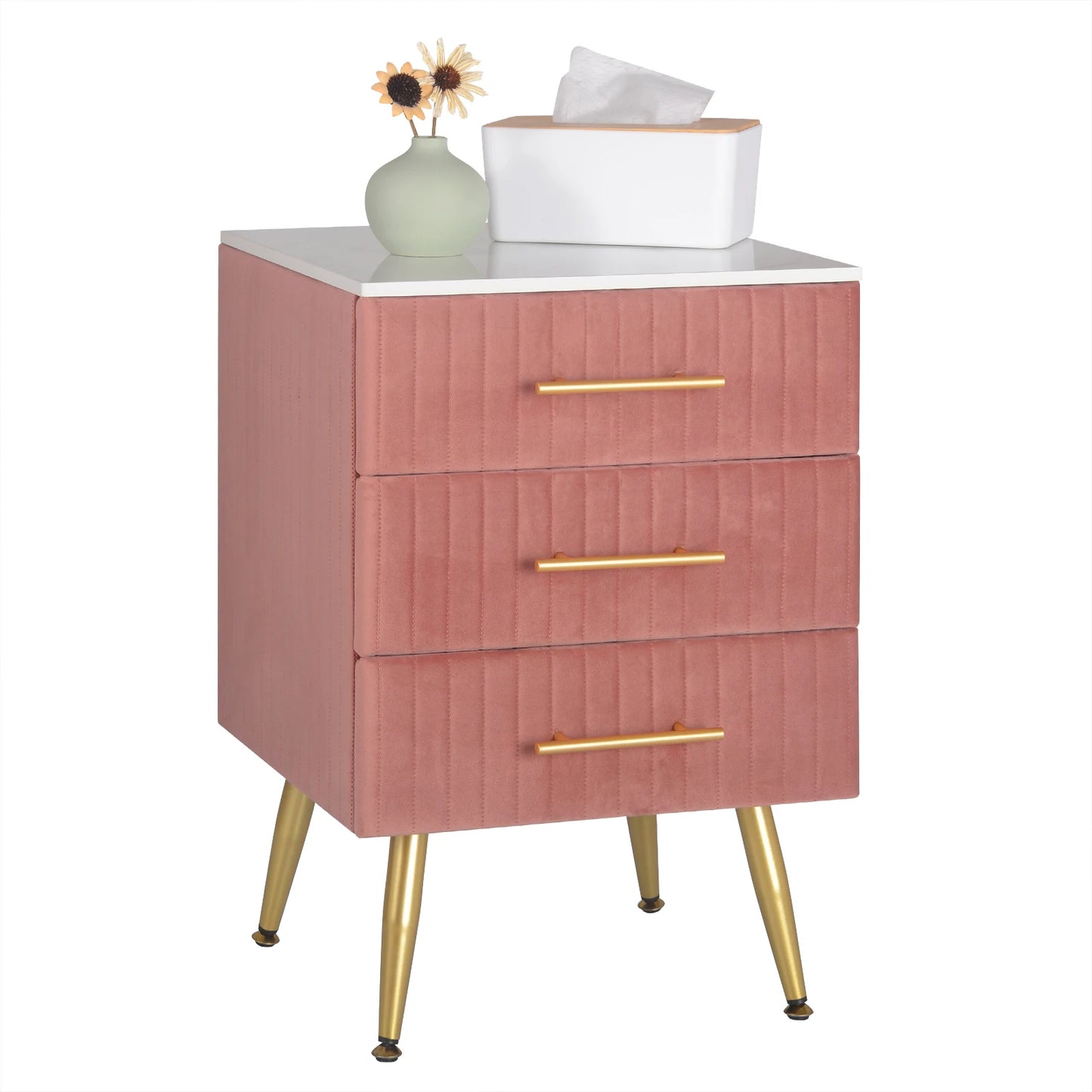 Bedside Cabinet Nightstand with 3 Drawers White Pink Chest of Drawers Sideboard Coffee Table Storage Bedroom Home Furniture